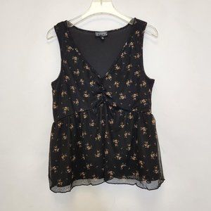 Originality Crop Top Medium Black Floral Mesh V Neck Stretch